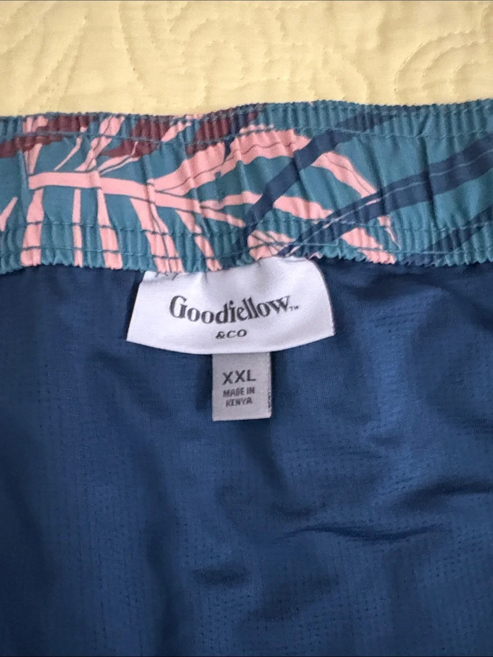 Goodfellow & Co Blue Swim Trunks with Teal and Pink Leaf Waistband